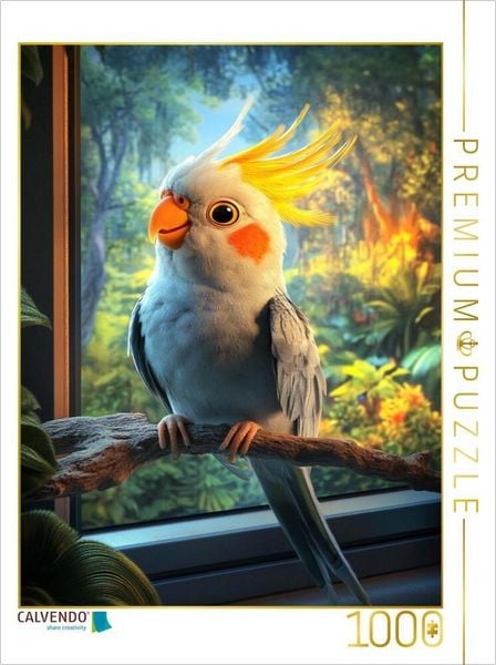 CALVENDO Puzzle Tanz aufm Ast - Nymphensittich vor Fernseher | 1000 Teile Lege-Größe 64x48cm Foto-Puzzle für glückliche Stunden