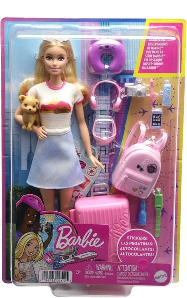 Barbie Reise-Puppe (blond), Anziehpuppe mit Hund & Urlaubs-Zubehör