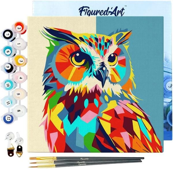 FiguredArt SFA094-Y - Mini Malen nach Zahlen, Abstrakte Pop Art Eule, Leinwand-Keilrahmen 20x20cm, DIY Bastelset, Paint by Numbers