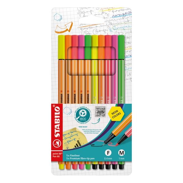 STABILO Fineliner & Filzstifte - point 88 + Pen 68 - 10er Pack - Neonfarben