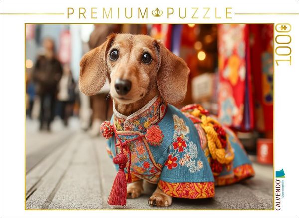 CALVENDO Puzzle Dackel in traditioneller Kleidung auf Tokios Straßen - Hundepuzzle mit Fernweh-Garantie | 1000 Teile Lege-Größe 64x48cm Foto-Puzzle fü