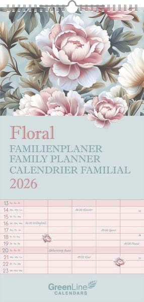 GreenLine Floral 2026 Familienplaner - Familien-Kalender - Kinder-Kalender - 22x45