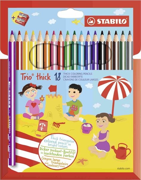 STABILO Dreikant-Buntstift - Trio dick - 18er Pack - mit 18 verschiedenen Farben und Spitzer