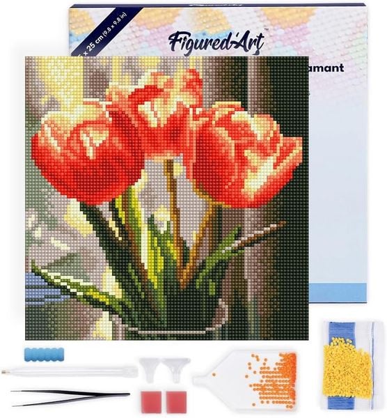 FiguredArt DP-SFA194-Y - Mini Diamond Painting, Pfirsichfarbene Tulpen, Leinwand-Keilrahmen (25x25cm), DIY Bastelset