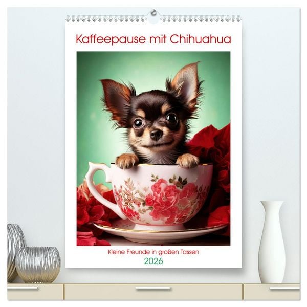 Kaffeepause mit Chihuahua - Kleine Freunde in großen Tassen (hochwertiger Premium Wandkalender 2026 DIN A2 hoch), Kunstdruck in Hochglanz