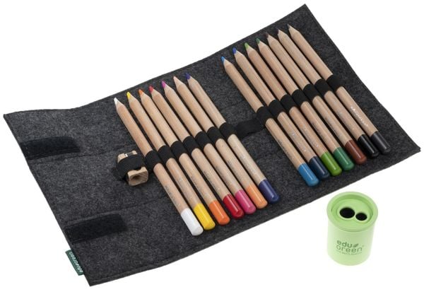 EduGREEN® 17er Set: 12 Buntstifte, 2 Stifte (Graphit, Weiß), Dosenspitzer im Filzmäppchen