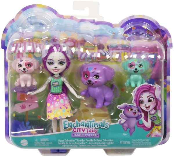 Enchantimals City Tails Dessa Dalmatian, Puppe mit 3 Tier-Figuren