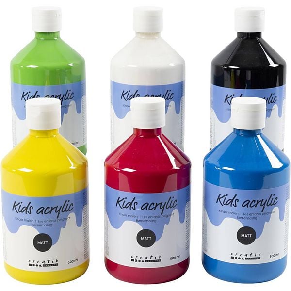 Creativ Company Acrylfarbe Matt, Primärfarben, 6x500 ml