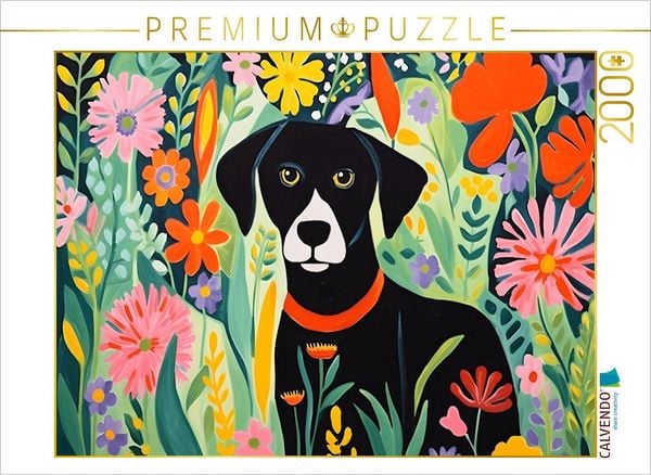 CALVENDO Puzzle Schwarzer Hund im Blumenmeer | 2000 Teile Lege-Größe 90x67cm Foto-Puzzle für glückliche Stunden