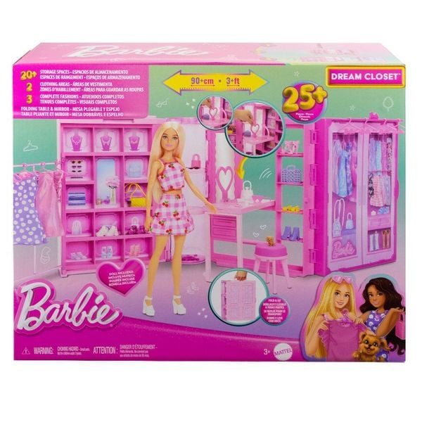 Barbie Traumkleiderschrank Spielzeug, Spielset mit Modepuppe, Moden und Accessoires, knapp 1 m breit mit mehr als 25 Teilen