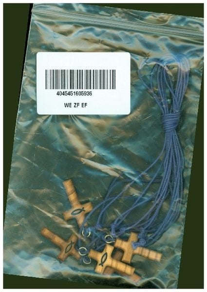 Kreuz mit Fisch, mit blauer Schnur, VE 5