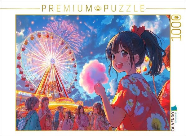 CALVENDO Puzzle Kawaii Anime Sommerfest - Riesenrad und Feuerwerk in Shoujo-Stil mit Yukata | 1000 Teile Lege-Größe 64x48cm Foto-Puzzle für glückliche