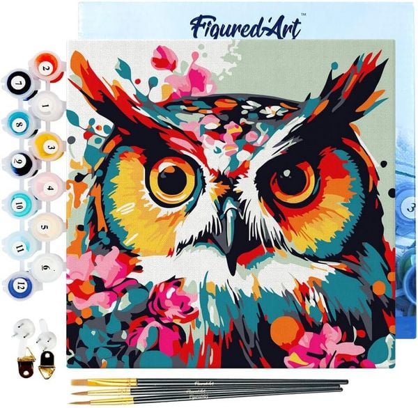 FiguredArt SFA112-Y - Mini Malen nach Zahlen, Fantasie Eule mit Blumen, Leinwand-Keilrahmen 20x20cm, DIY Bastelset, Paint by Numbers