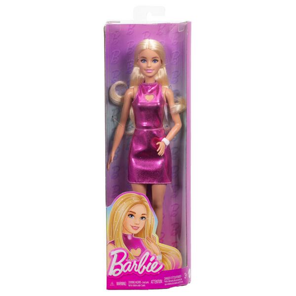 Barbie Fashionistas-Puppe Nr. 230 in rosa Metallic-Minikleid mit herzförmiger Aussparung, blondes Haar