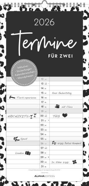 Termine für 2 Black and White 2026 Familienplaner - Timer - Termin-Planer - Couple-Kalender - Familien-Kalender - 22x45