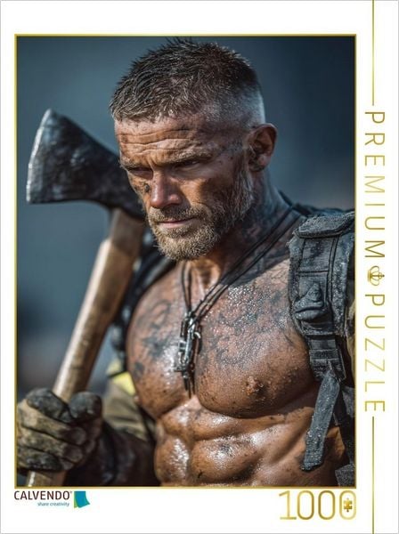 CALVENDO Puzzle Heißer Feuerwehrmann mit Axt und nacktem Oberkörper | 1000 Teile Lege-Größe 64x48cm Foto-Puzzle für glückliche Stunden