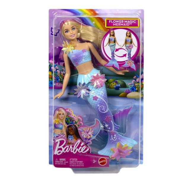 Barbie Flower Magic Meerjungfrauen-Spielzeugpuppe mit magischer Überraschungsblüte und perlenbesetztem Haarreif