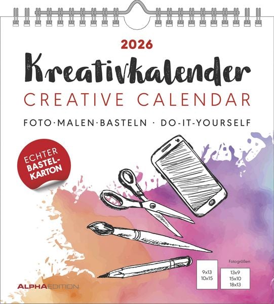 Kreativ-Kalender weiß 2026 - 21x22 cm - Foto, Malen, Basteln - datiert - Kreativkalender - Foto-Kalender - Alpha Edition