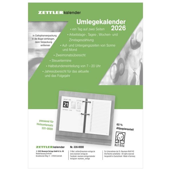 Umleg-Kalender 2026 - 8x10,8 cm - 1 Tag auf 2 Seiten - zum Einheften - Bürokalender mit 2-fach Lochung - Stundeneinteilung von 7 - 20 Uhr - 336-0000
