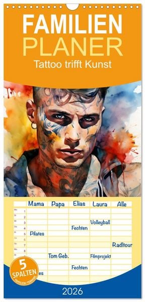 Familienplaner 2026 - Tattoo trifft Kunst mit 5 Spalten (Wandkalender, 21 x 45 cm) CALVENDO