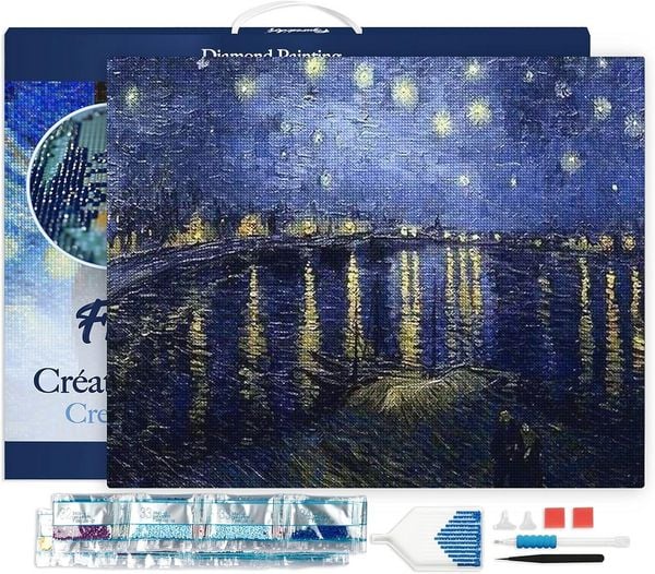 FiguredArt DP-630-Y - Diamond Painting, Van Gogh Sternennacht über der Rhone, Leinwand-Keilrahmen 40x50cm, Diamond Painting Set