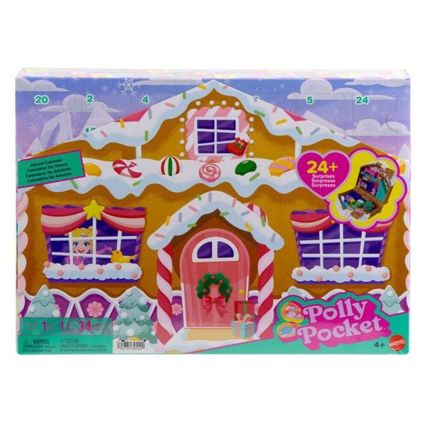 Adventskalender-Spielset mit Polly Pocket-Puppe, DIY-Lebkuchenhaus mit Puppenhausmöbeln und 24 Teilen Weihnachtszubehör