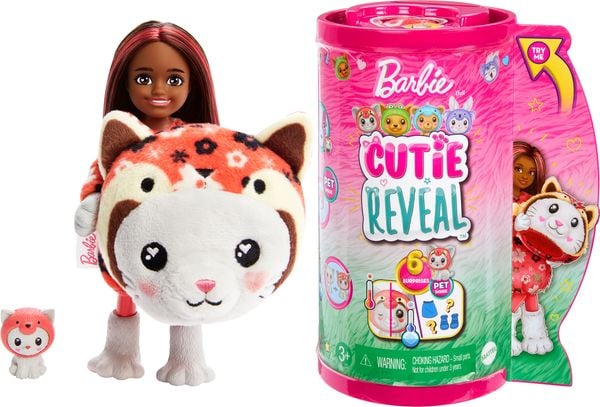 Barbie Cutie Reveal Kostüm-Reihe kleine Chelsea-Puppe und Zubehörteile, Katze als roter Panda