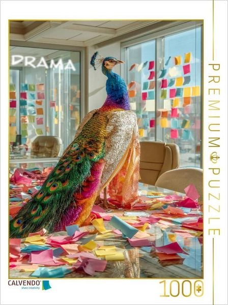 CALVENDO Puzzle Tierpuzzle mit Pfau in einem Büro - die Dramaqueen unter den Federtieren sorgt für buntes Chaos | 1000 Teile Lege-Größe 64x48cm Foto-Puzzle für glückliche Stunden