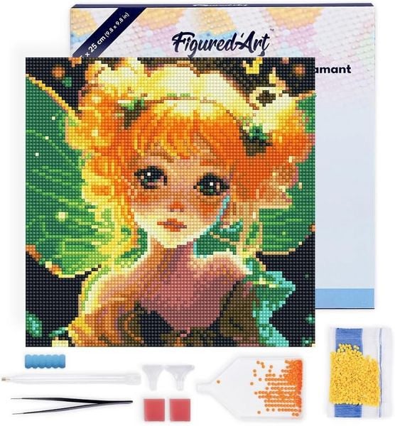 FiguredArt DP-SFA167-Y - Mini Diamond Painting, Hübsche Kleine Fee, Leinwand-Keilrahmen (25x25cm), DIY Bastelset