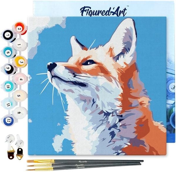 FiguredArt SFA230-Y - Mini Malen nach Zahlen, Fuchs mit blauem Himmel, Leinwand-Keilrahmen 20x20cm, DIY Bastelset, Paint by Numbers
