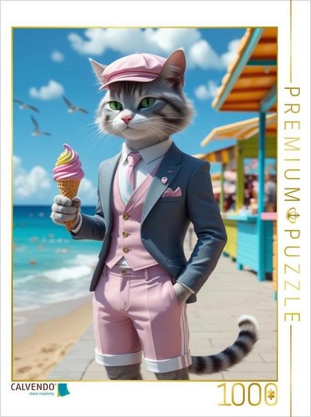 CALVENDO Puzzle Kater mit Eis im Sommeranzug - stilvolles Katzenmotiv am Strand | 1000 Teile Lege-Größe 64x48cm Foto-Puzzle für glückliche Stunden