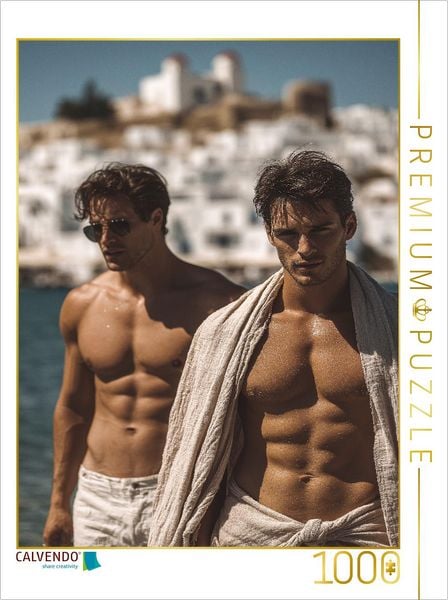 CALVENDO Puzzle Zwei sexy Männer mit Sixpack und Sonnenlicht am Körper | 1000 Teile Lege-Größe 64x48cm Foto-Puzzle für glückliche Stunden