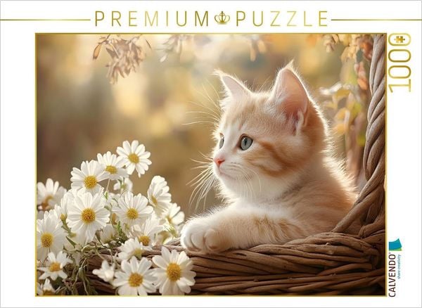 CALVENDO Puzzle Rotes Katzenbaby im Blumenkorb | 1000 Teile Lege-Größe 64x48cm Foto-Puzzle für glückliche Stunden