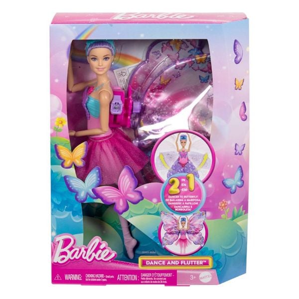 Barbie Tanz und Flatter Puppe mit 2-in-1-Verwandlung von der Tänzerin zum Schmetterling, violette Haare