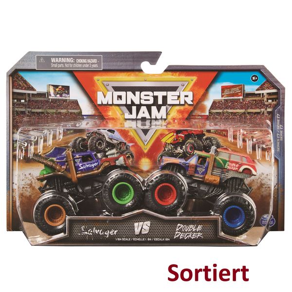 Monster Jam - Original Zweier-Pack mit authentischen Monster Trucks im Maßstab 1:64, krasse Stunt-Action ab 3 Jahren (Sortierung mit verschiedenen Designs, Zufallsauswahl)