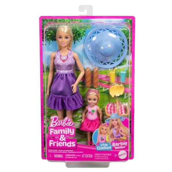 Barbie-Puppen und Accessoires aus der Reihe Family & Friends, Spielset im Picknick-Thema mit 2 Puppen und 9 Accessoires