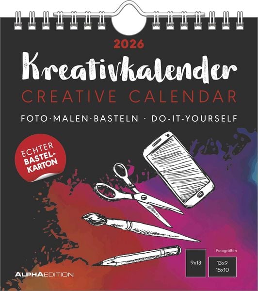 Kreativ-Kalender schwarz 2026 - 16x17 cm - Foto, Malen, Basteln - datiert - Kreativkalender - Foto-Kalender - Alpha Edition