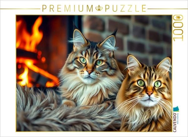 CALVENDO Puzzle Main Coons - Kuscheln am offenen Kamin | 1000 Teile Lege-Größe 64x48cm Foto-Puzzle für glückliche Stunden