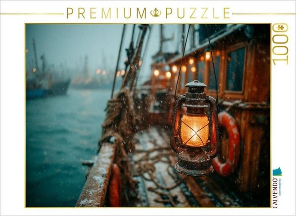 CALVENDO Puzzle Glühende Laterne auf Kutter im Sturm | 1000 Teile Lege-Größe 64x48cm Foto-Puzzle für glückliche Stunden
