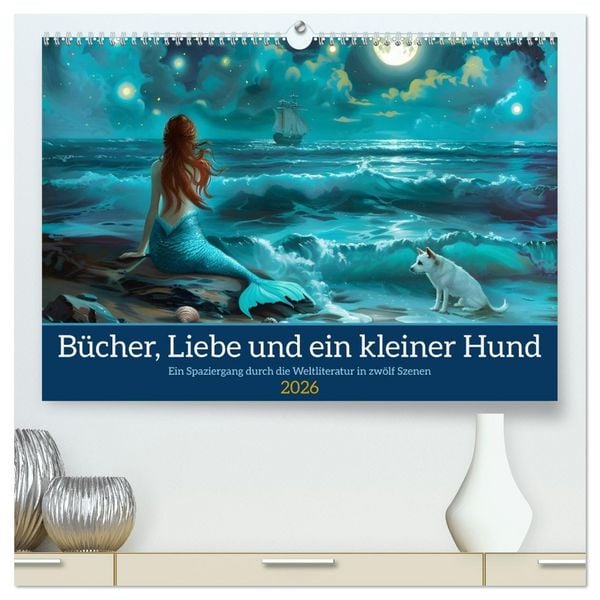 Bücher, Liebe und ein kleiner Hund (hochwertiger Premium Wandkalender 2026 DIN A2 quer), Kunstdruck in Hochglanz
