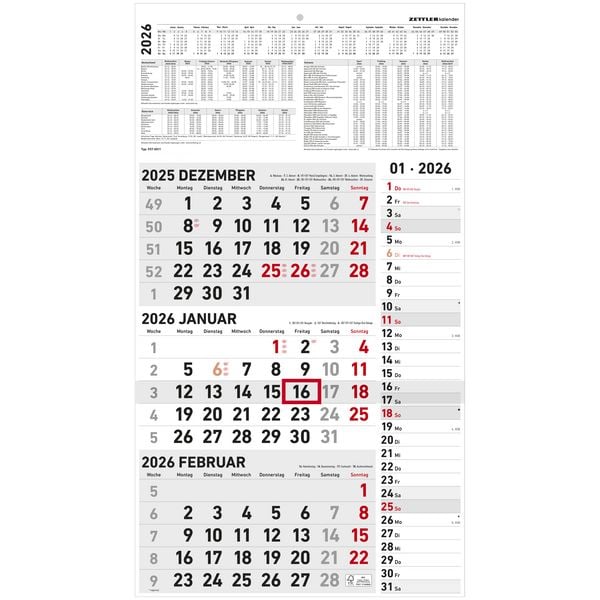3-Monatskalender Kombi 2026 - Büro-Kalender 33x45 cm