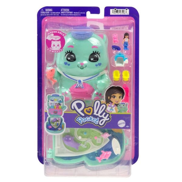 Polly Pocket Matrosenkatze-Schatulle, Spielset mit 1 kleinen Puppe und zwei Kätzchen, Spielzeug für unterwegs mit Zubehör für Mode und Essen