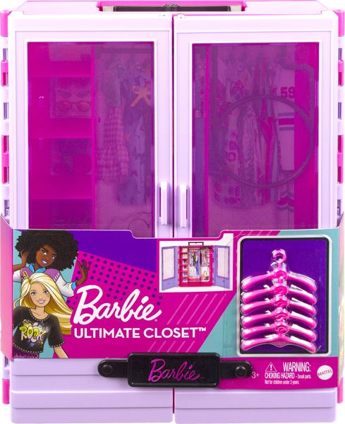 Barbie Kleiderschrank mit Tragegriff (lila/rosa) ausklappbar mit Zubehör