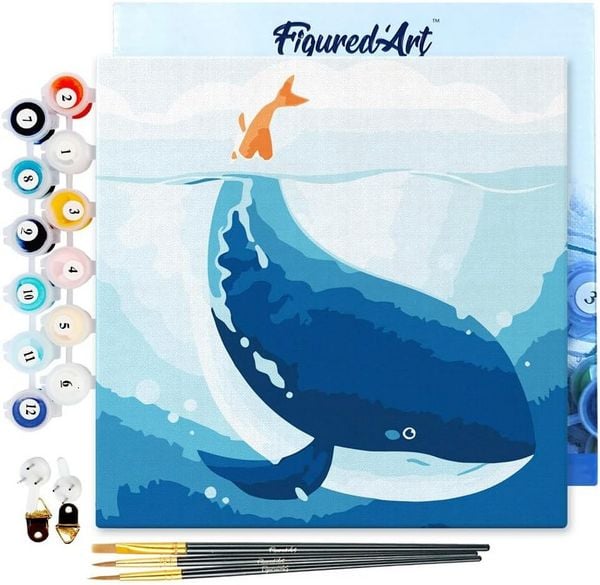 FiguredArt SFA059-Y - Mini Malen nach Zahlen, Blauwal, Leinwand-Keilrahmen 20x20cm, DIY Bastelset, Paint by Numbers