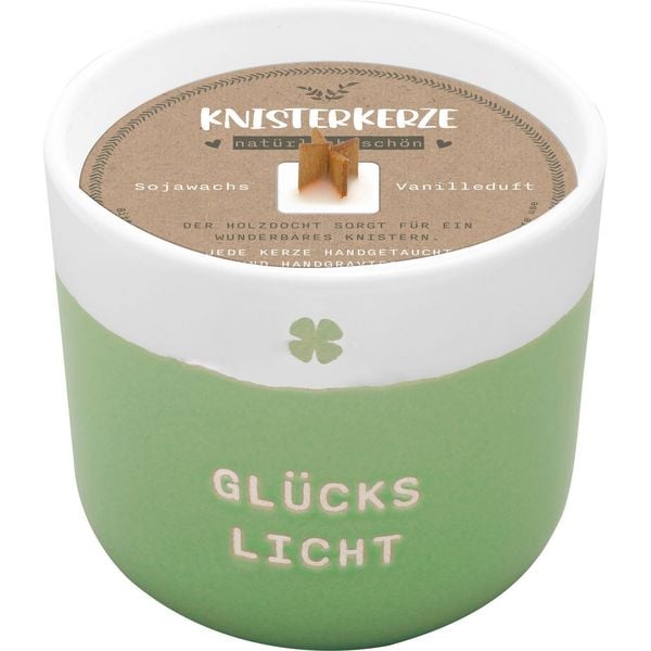 'Kerze mit Gravur ''Glücks Licht'': Kerze im Becher, mit Holzdocht'