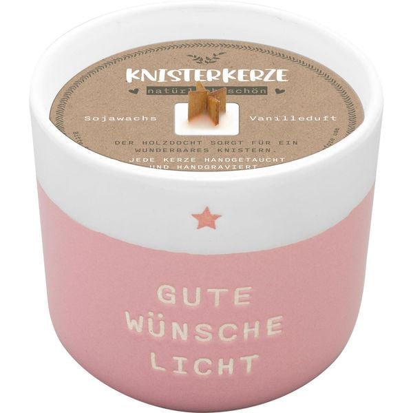 'Kerze mit Gravur ''Gute Wünsche Licht'': Kerze im Becher, mit Holzdocht'