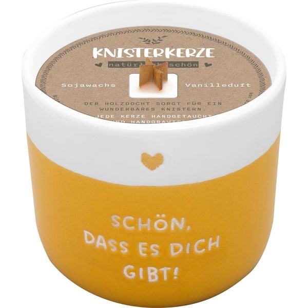 'Kerze mit Gravur ''Schön, dass es dich gibt'': Kerze im Becher, mit Holzdocht'