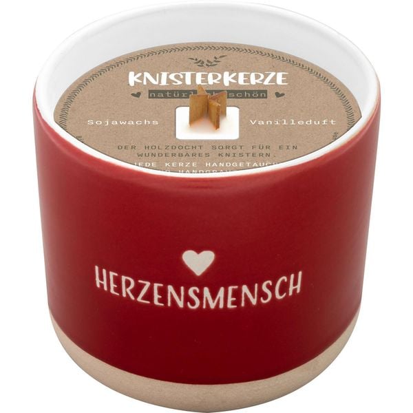 'Kerze mit Gravur ''Herzensmensch'': Kerze im Becher, mit Holzdocht'