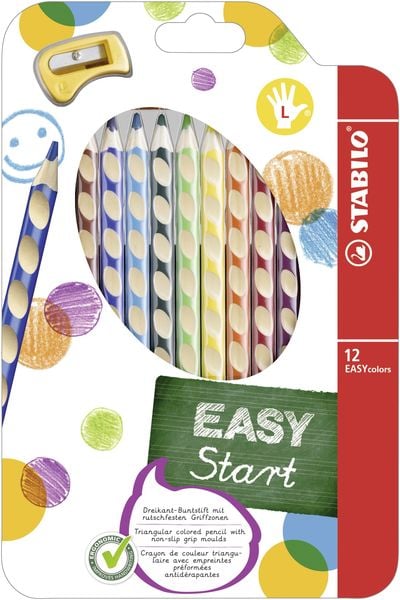 STABILO Ergonomischer Buntstift für Linkshänder - EASYcolors - 12er Pack mit Spitzer - mit 12 verschiedenen Farben