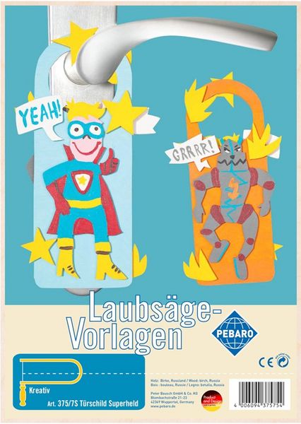 PEBARO 375/7S - Laubsägevorlage Türschild Held, Kinderzimmer, 1 Platte, Größe DIN A4.